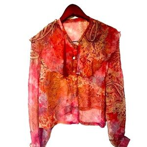 Printed Blouse Ruffle TrimLightweight Flowy pink red